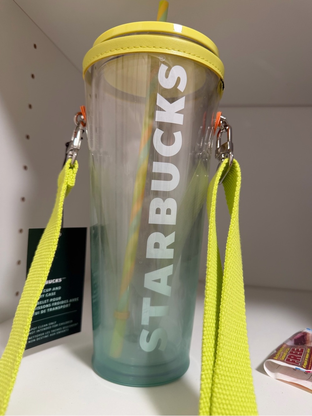 Starbucks Green Ombre Travel Cup with Yellow Lid and Neon Strap NWT 24oz.